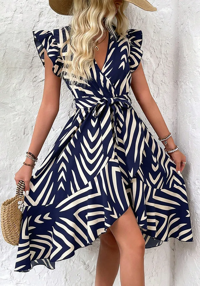 Chic Irregular Stripe Maxi Dress with Flutter Sleeves and Wrap Design