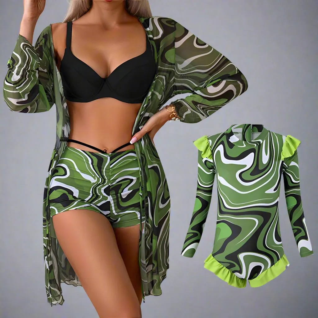 Chic Mother-Daughter Matching Swimsuit Set with Floral Cover-Up  Family Beachwear Collection