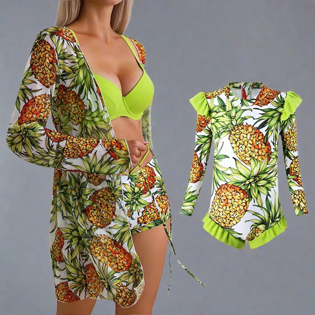 Chic Mother-Daughter Matching Swimsuit Set with Floral Cover-Up  Family Beachwear Collection