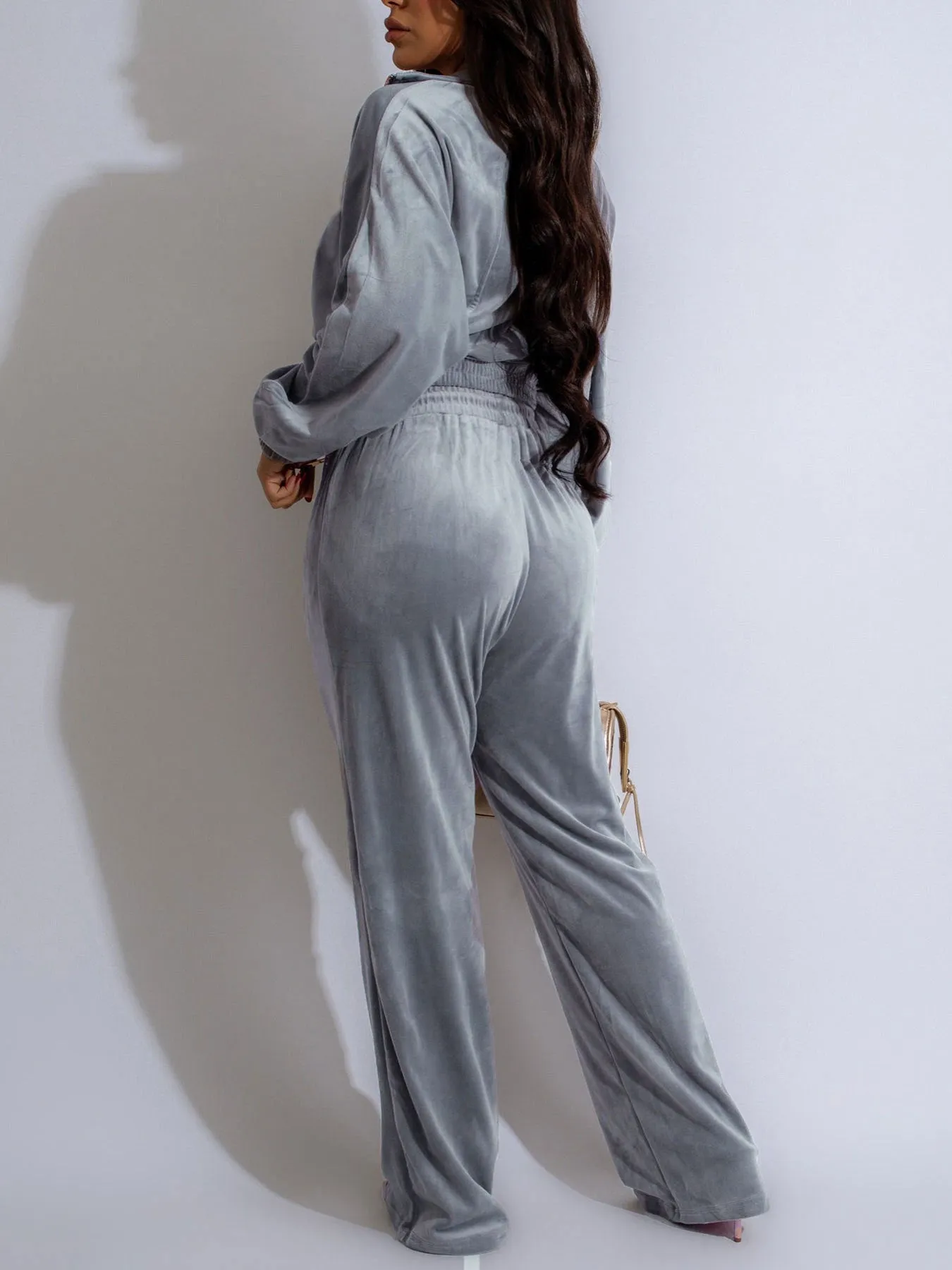 Chic Velour Zipper Top and Wide-Leg Pants Two-Piece Set