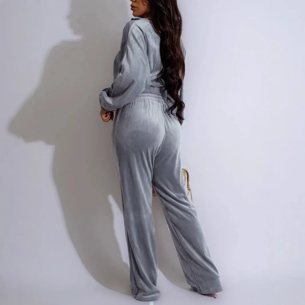 Chic Velour Zipper Top and Wide-Leg Pants Two-Piece Set