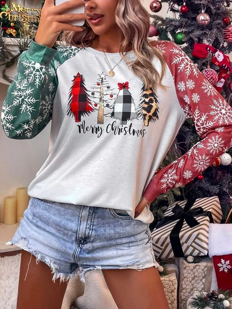 Christmas Loose Floral Printed Color-Block Round-Neck T-Shirts Tops
