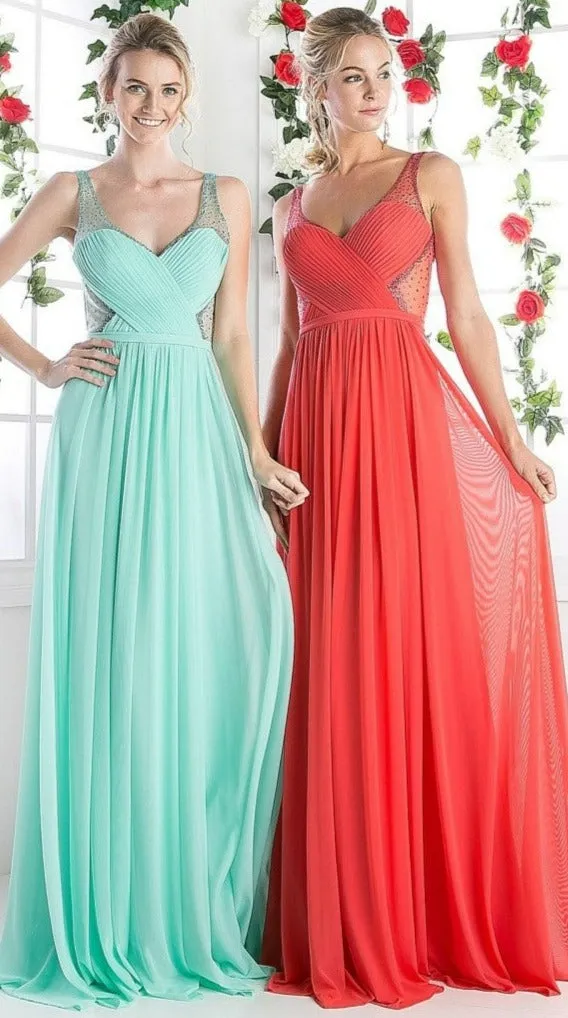 Cinderella Divine 5061 Sheer Beaded Strap Flowy Evening Dress