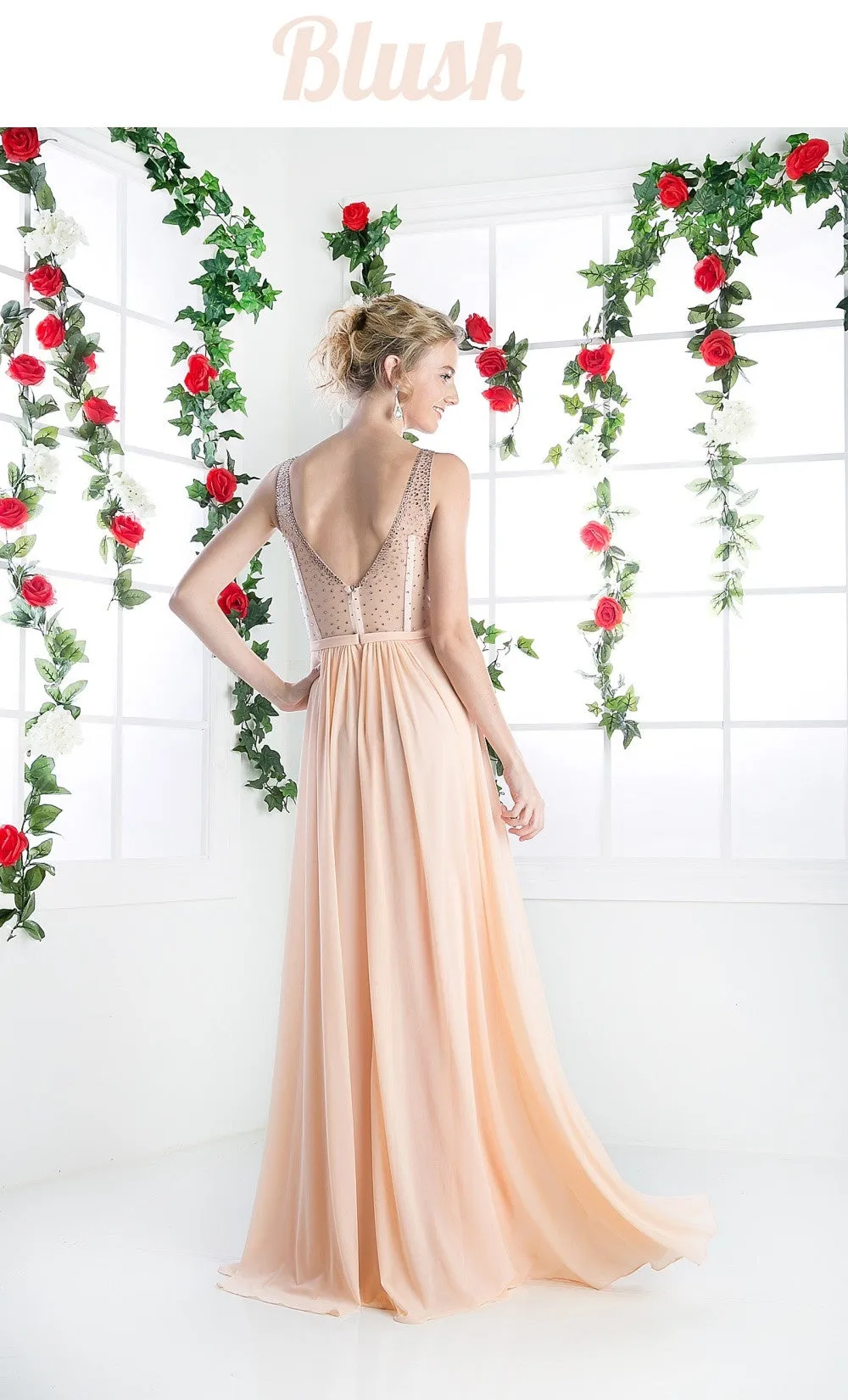 Cinderella Divine 5061 Sheer Beaded Strap Flowy Evening Dress