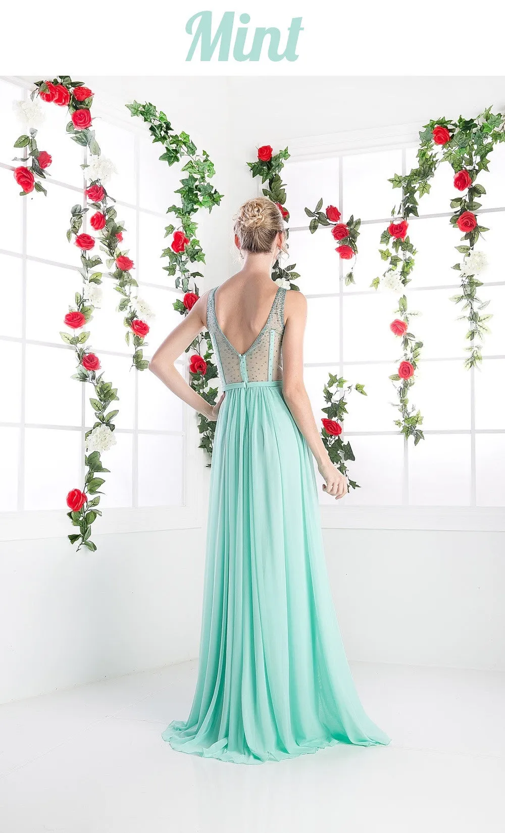 Cinderella Divine 5061 Sheer Beaded Strap Flowy Evening Dress