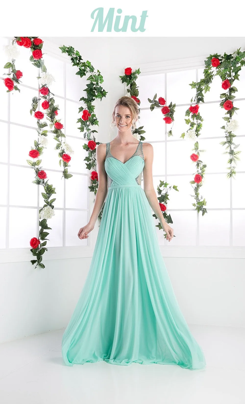 Cinderella Divine 5061 Sheer Beaded Strap Flowy Evening Dress