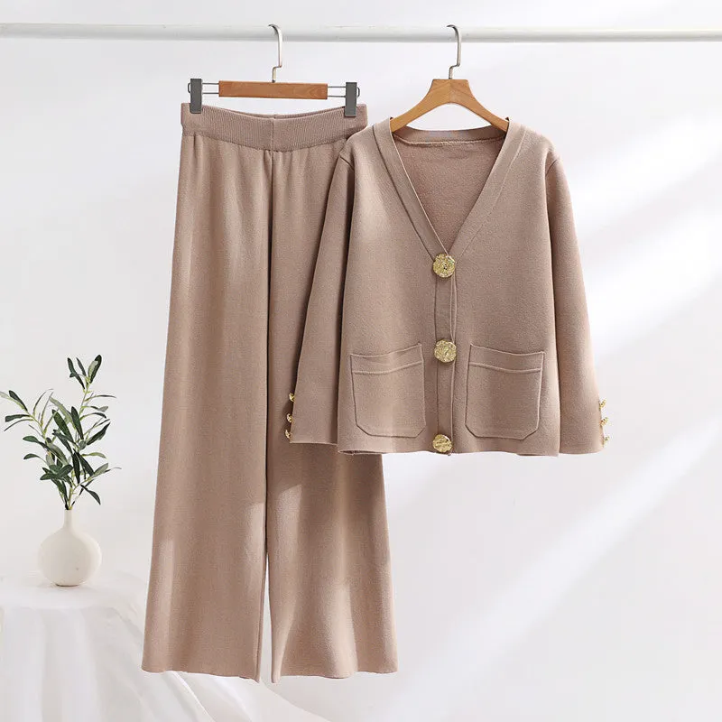 Contrast Button Sweater & Wide-Leg Pants Set