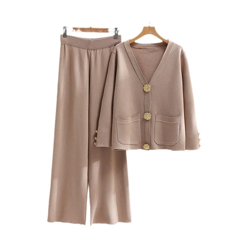Contrast Button Sweater & Wide-Leg Pants Set