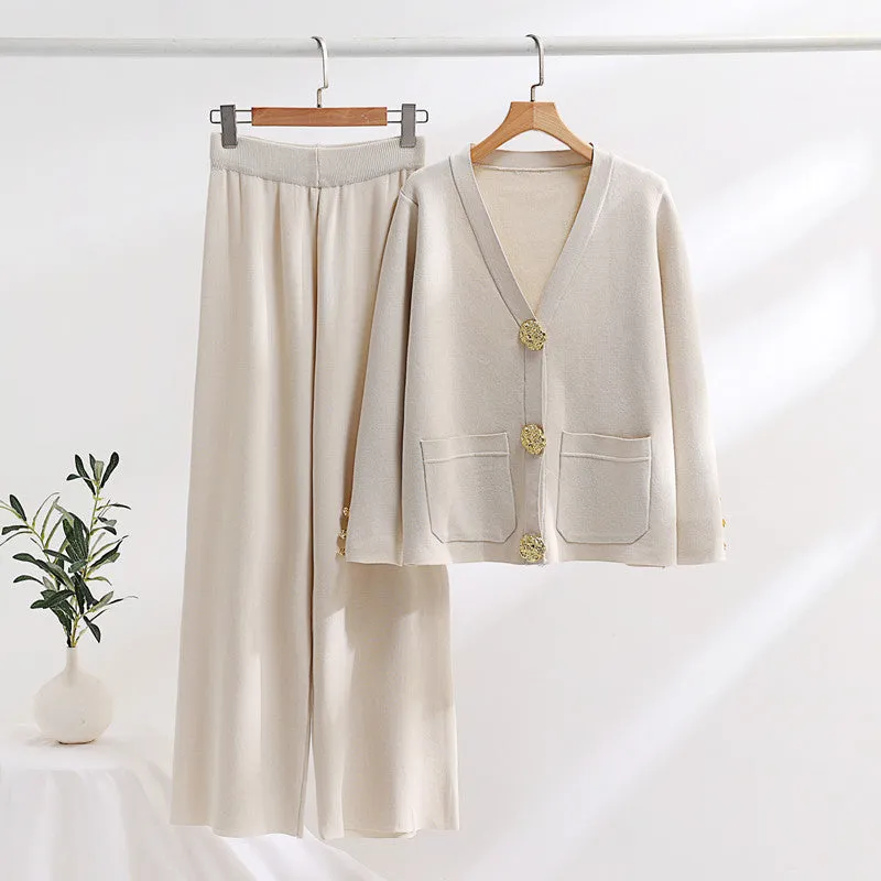Contrast Button Sweater & Wide-Leg Pants Set