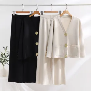 Contrast Button Sweater & Wide-Leg Pants Set