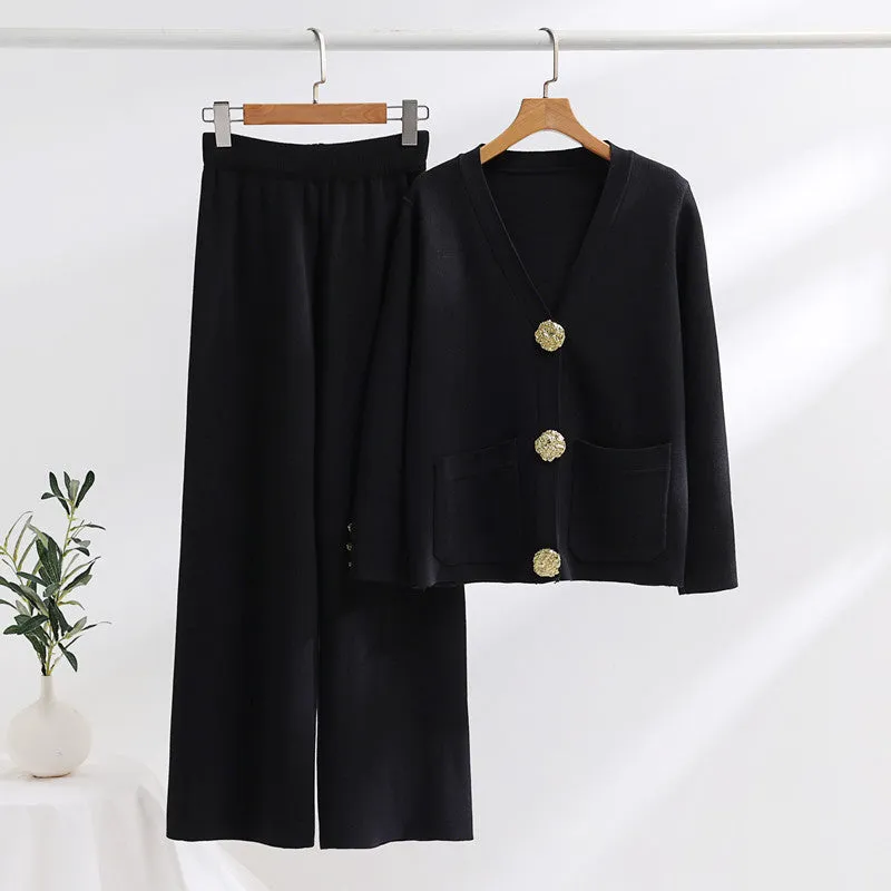 Contrast Button Sweater & Wide-Leg Pants Set