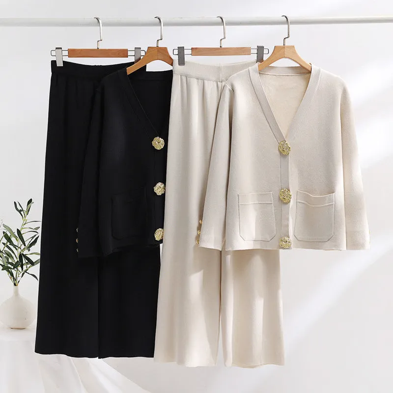 Contrast Button Sweater & Wide-Leg Pants Set