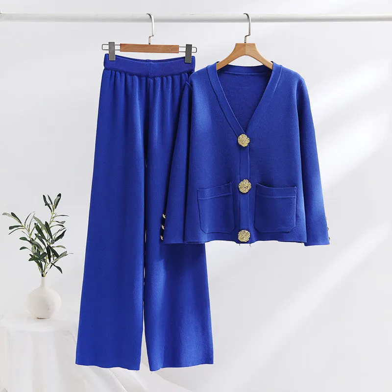 Contrast Button Sweater & Wide-Leg Pants Set