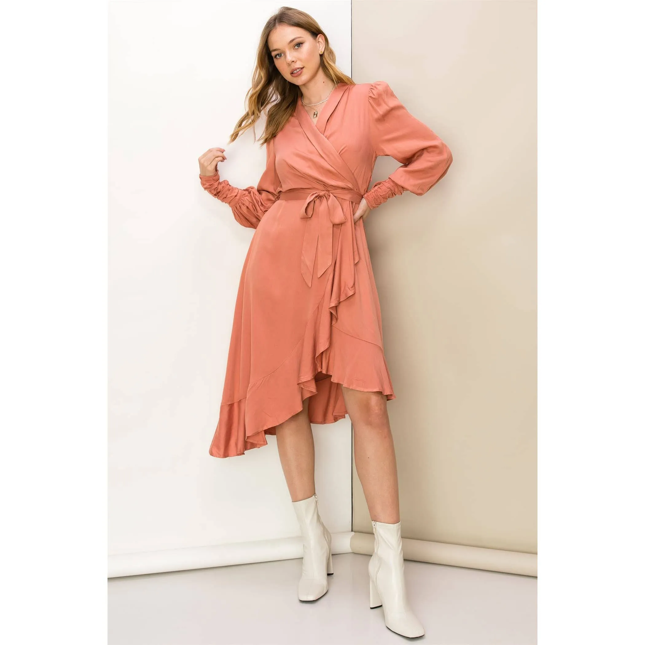 Conversation Starter Asymmetric Wrap Midi Dress