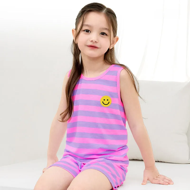 Cool Pink Striped Smiley Sleeveless Set 2405U09