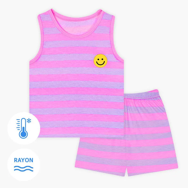 Cool Pink Striped Smiley Sleeveless Set 2405U09