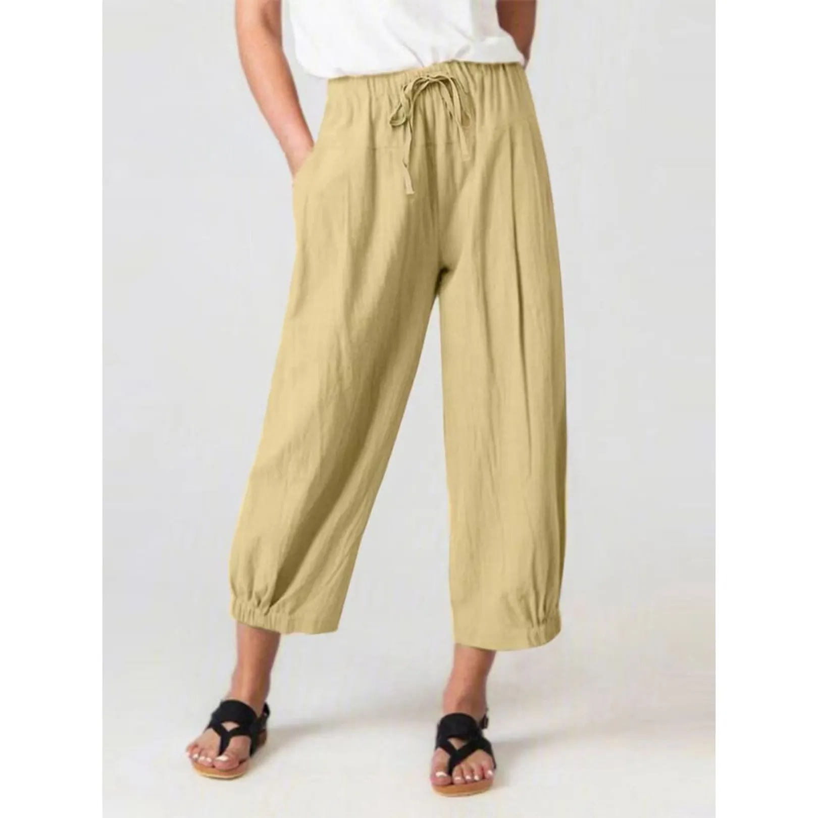 Corazon - Women's Slacks with Cotton and Linen Drawstring Pockets