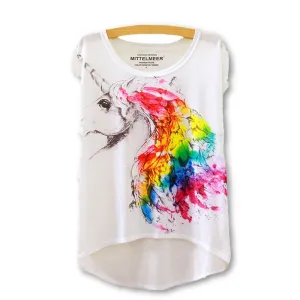 Cotton cropped t Shirt Women Short Sleeve t-shirts o-neck Causal loose Magic Unicorn T Shirt Summer top for women