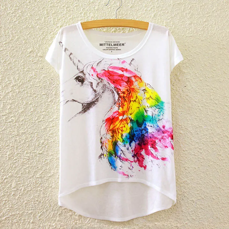 Cotton cropped t Shirt Women Short Sleeve t-shirts o-neck Causal loose Magic Unicorn T Shirt Summer top for women