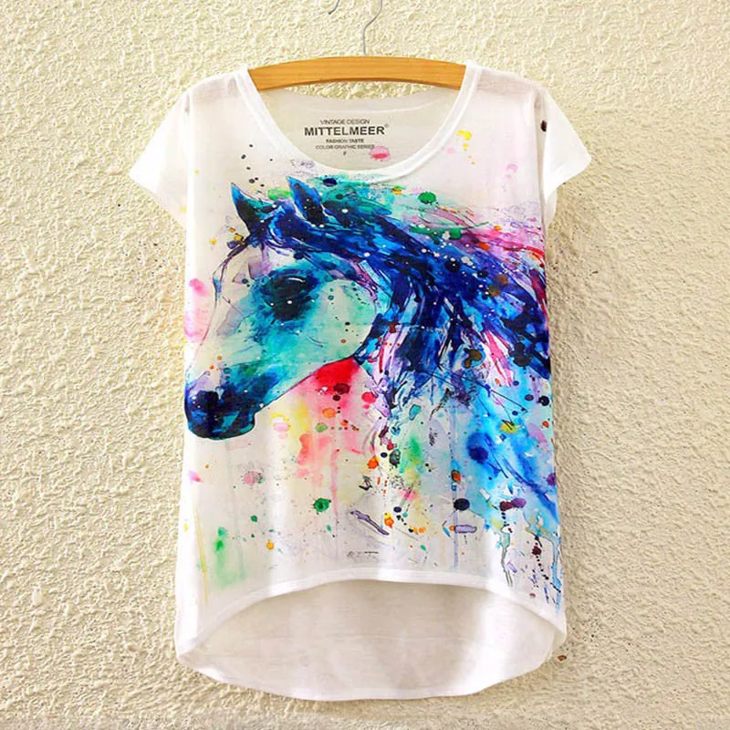 Cotton cropped t Shirt Women Short Sleeve t-shirts o-neck Causal loose Magic Unicorn T Shirt Summer top for women