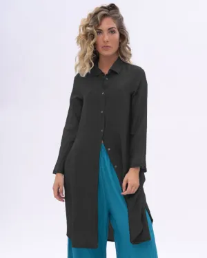Cotton Silk Blend Pleated Sleeve Shirtdress