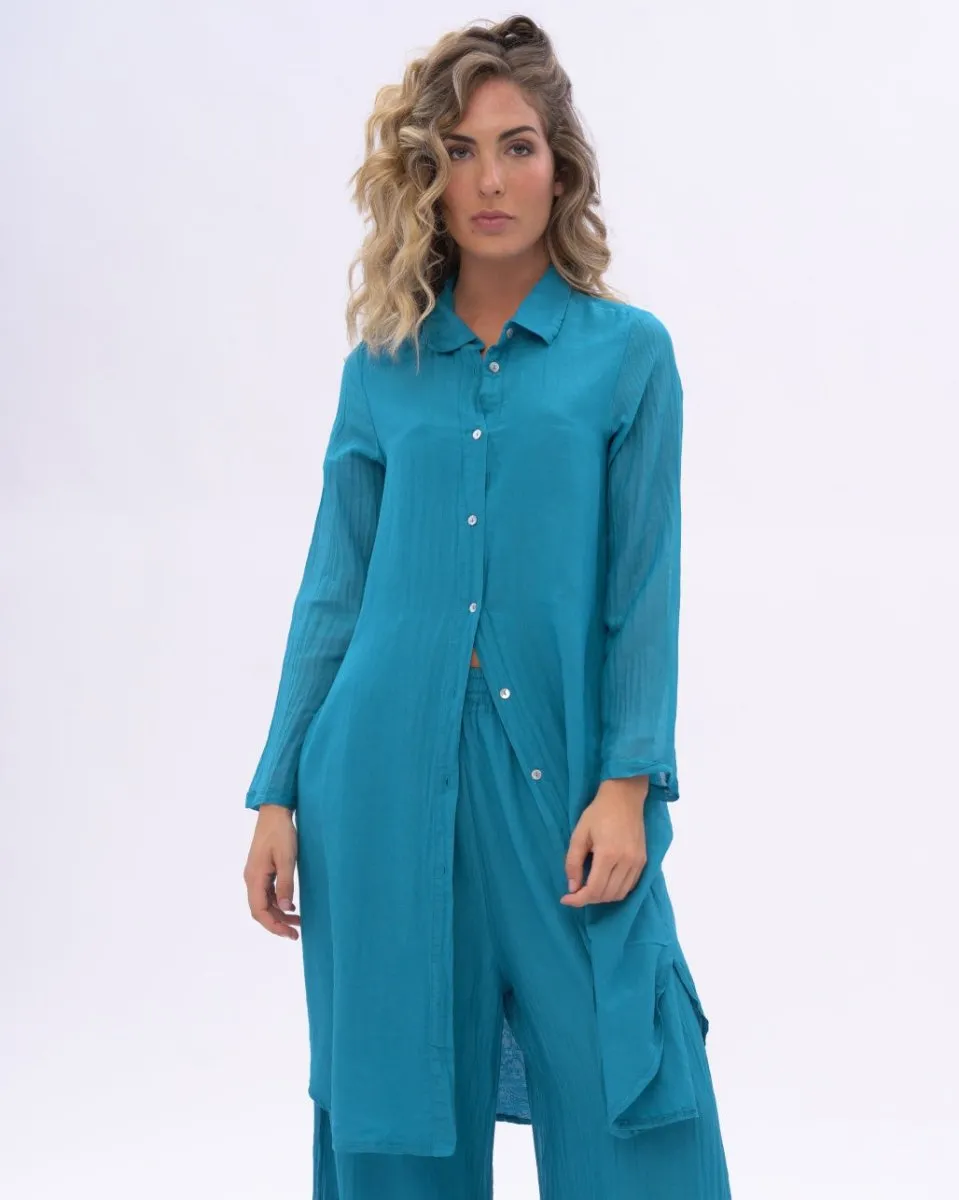 Cotton Silk Blend Pleated Sleeve Shirtdress