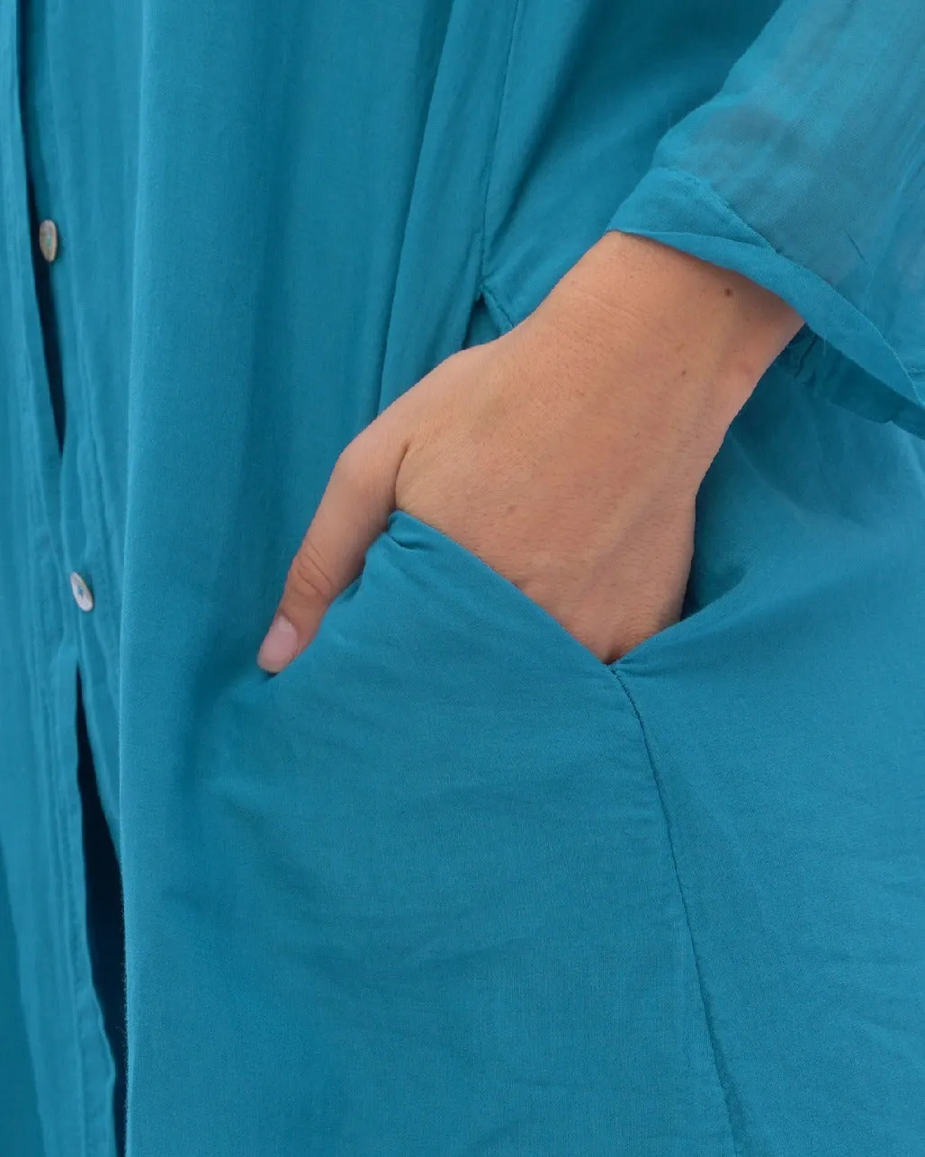 Cotton Silk Blend Pleated Sleeve Shirtdress