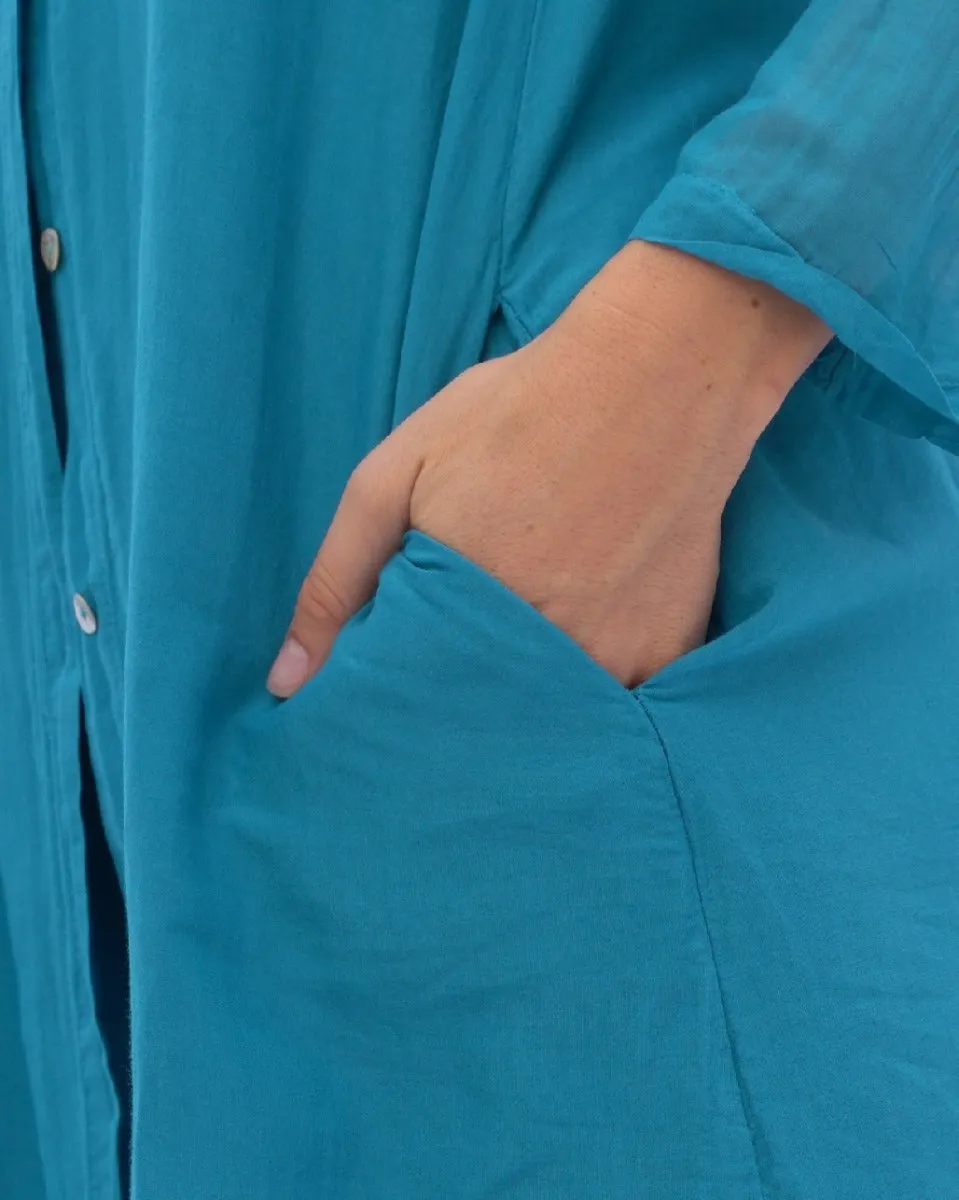 Cotton Silk Blend Pleated Sleeve Shirtdress