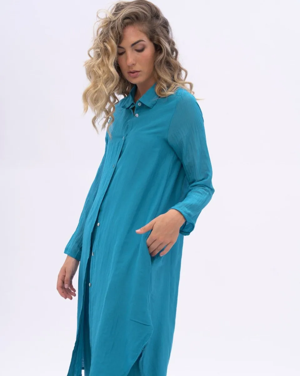 Cotton Silk Blend Pleated Sleeve Shirtdress