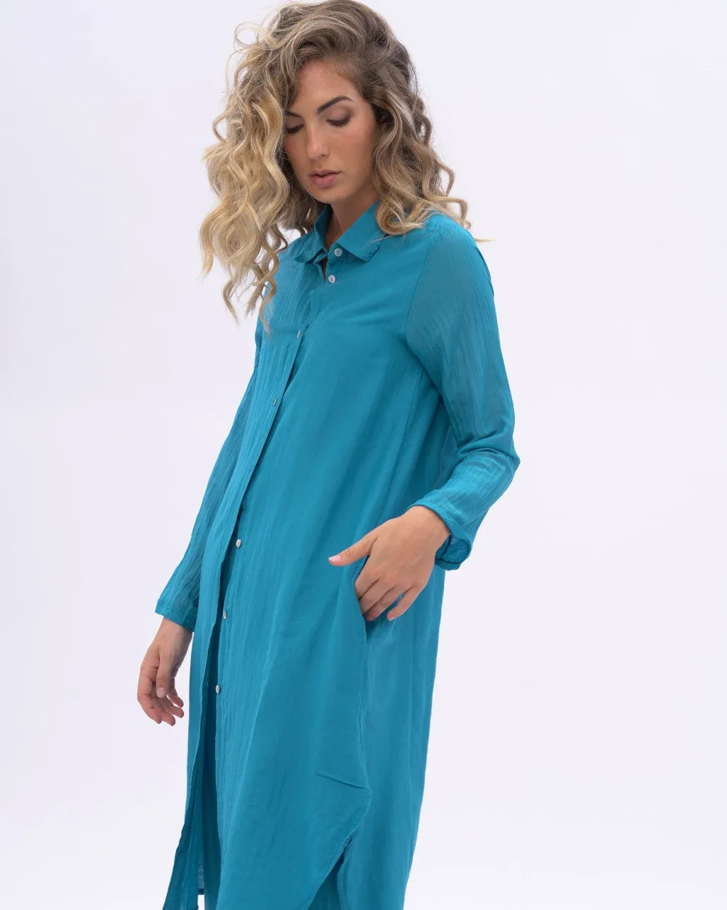 Cotton Silk Blend Pleated Sleeve Shirtdress