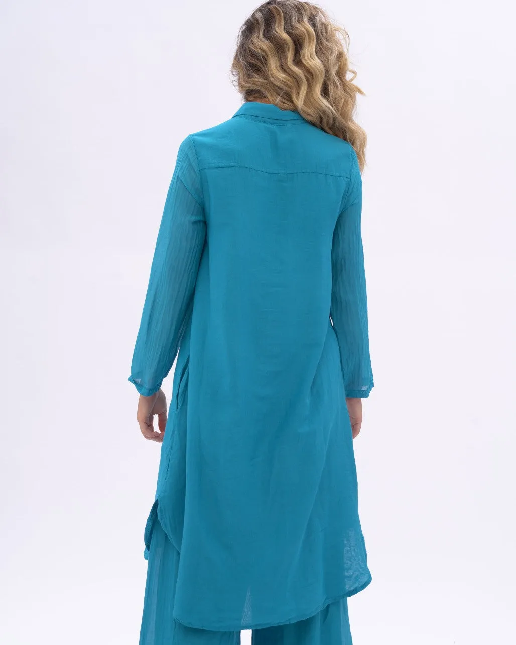 Cotton Silk Blend Pleated Sleeve Shirtdress