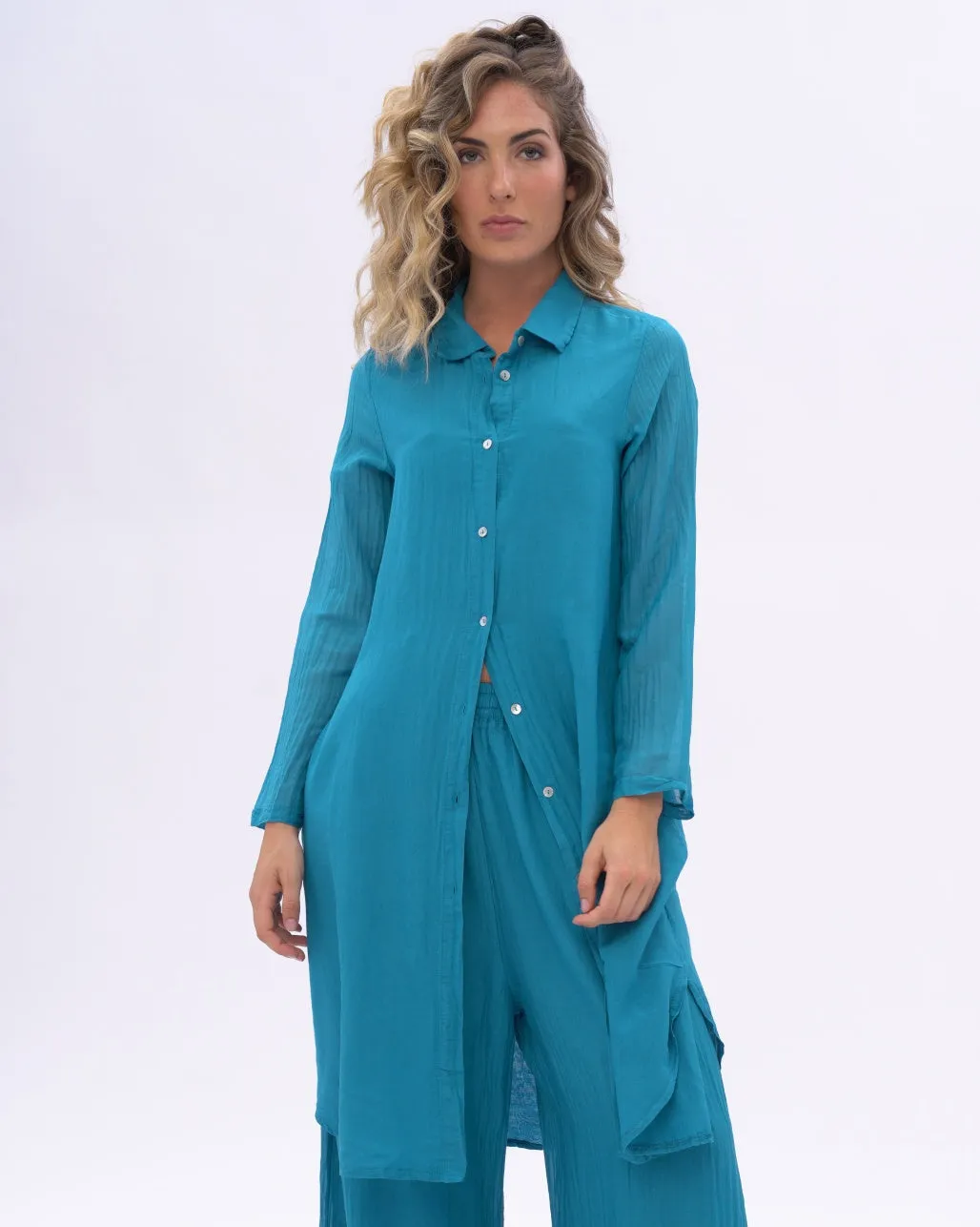 Cotton Silk Blend Pleated Sleeve Shirtdress