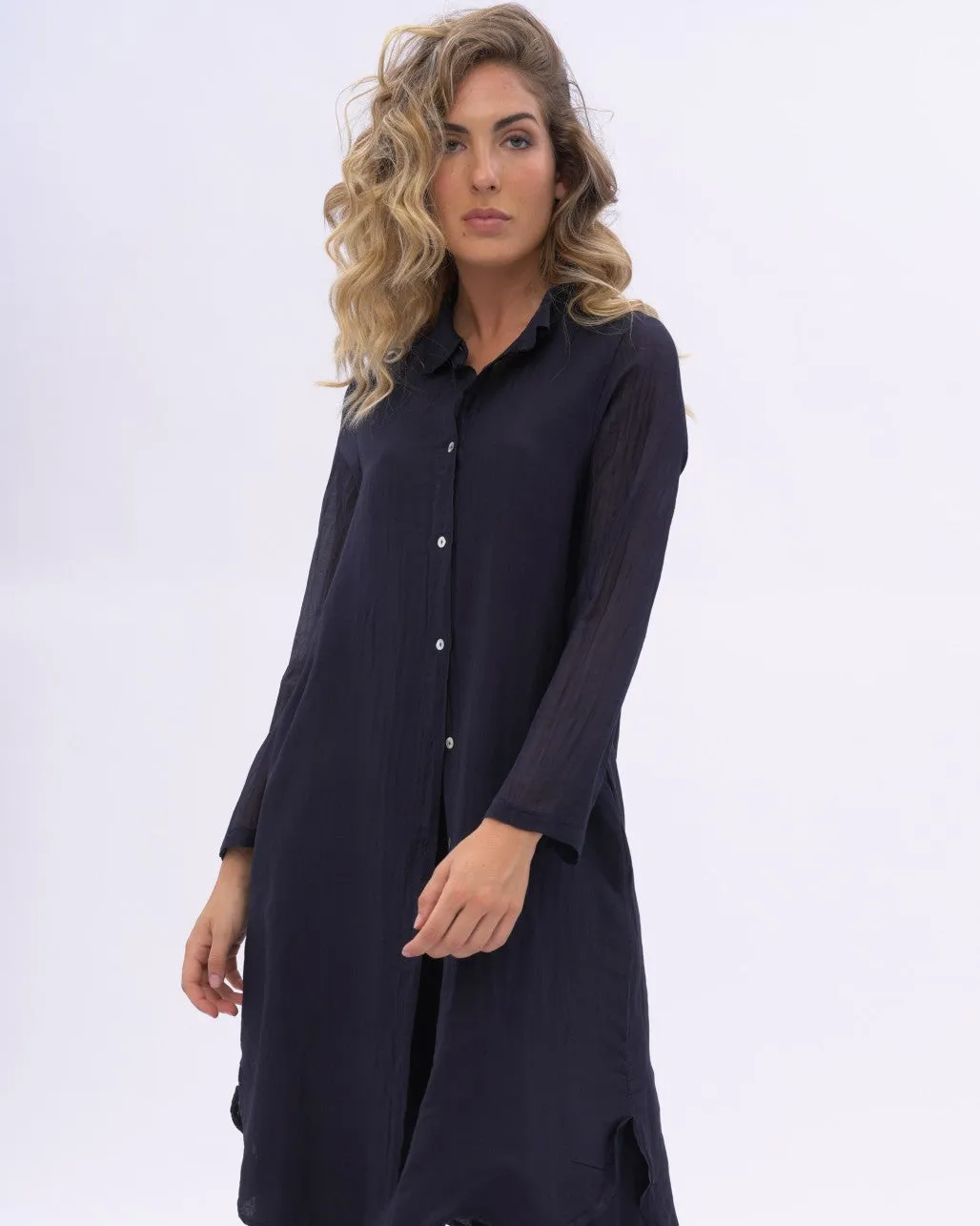Cotton Silk Blend Pleated Sleeve Shirtdress