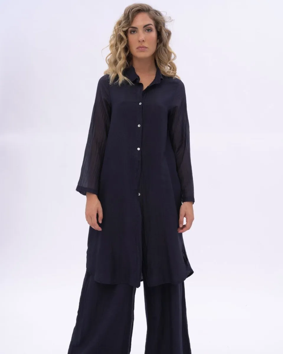 Cotton Silk Blend Pleated Sleeve Shirtdress