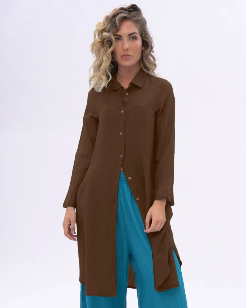Cotton Silk Blend Pleated Sleeve Shirtdress