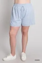 Cotton Striped Smocking Waist Detailed Shorts - Denim