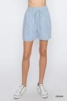 Cotton Striped Smocking Waist Detailed Shorts - Denim