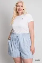 Cotton Striped Smocking Waist Detailed Shorts - Denim