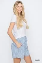 Cotton Striped Smocking Waist Detailed Shorts - Denim