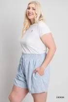 Cotton Striped Smocking Waist Detailed Shorts - Denim