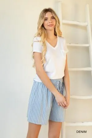 Cotton Striped Smocking Waist Detailed Shorts - Denim