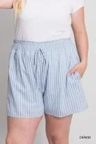 Cotton Striped Smocking Waist Detailed Shorts - Denim