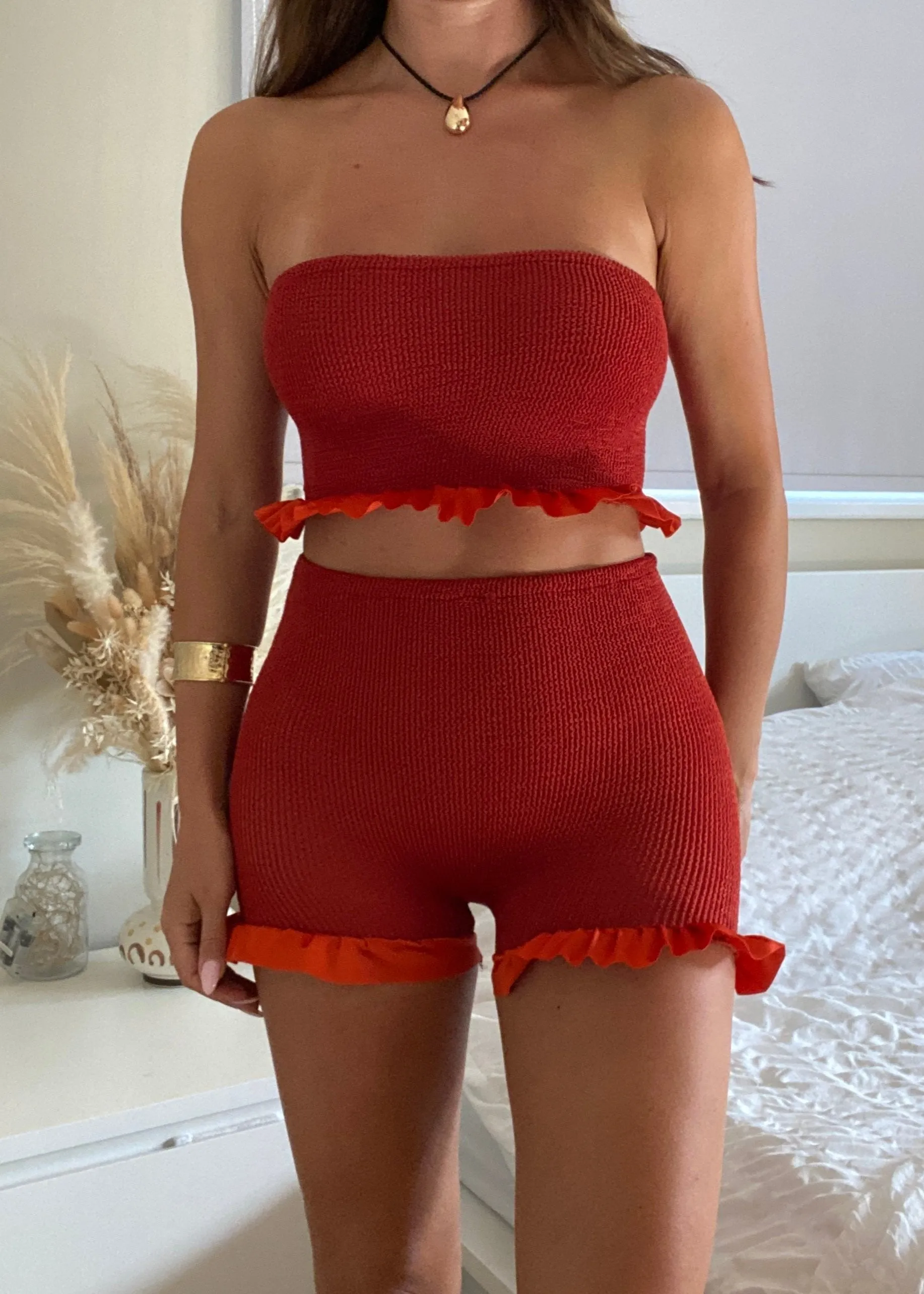 Crinkle Mini Peplum Bandeau & Shorts Set