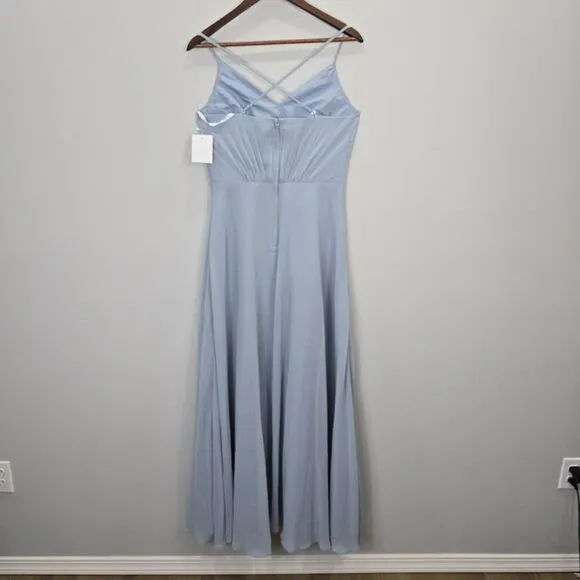David's Bridal Formal Gown 18 Dusty Blue Bridesmaid Faux Wrap Chiffon Strap Long