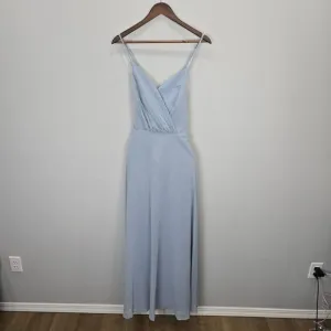 David's Bridal Formal Gown 18 Dusty Blue Bridesmaid Faux Wrap Chiffon Strap Long