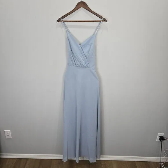David's Bridal Formal Gown 18 Dusty Blue Bridesmaid Faux Wrap Chiffon Strap Long