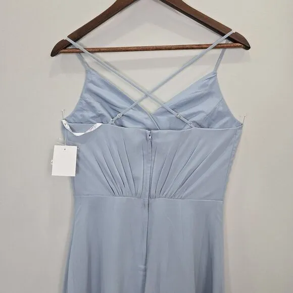 David's Bridal Formal Gown 18 Dusty Blue Bridesmaid Faux Wrap Chiffon Strap Long