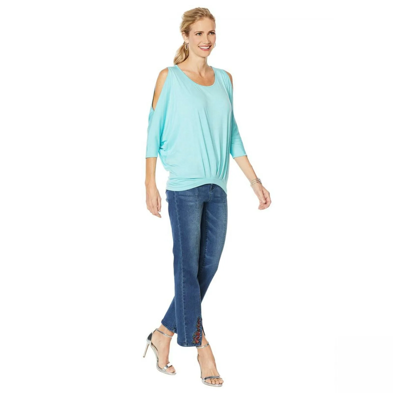 DG2 by Diane Gilman Women's Plus Size Pleat Front Cold Shoulder Dolman Top