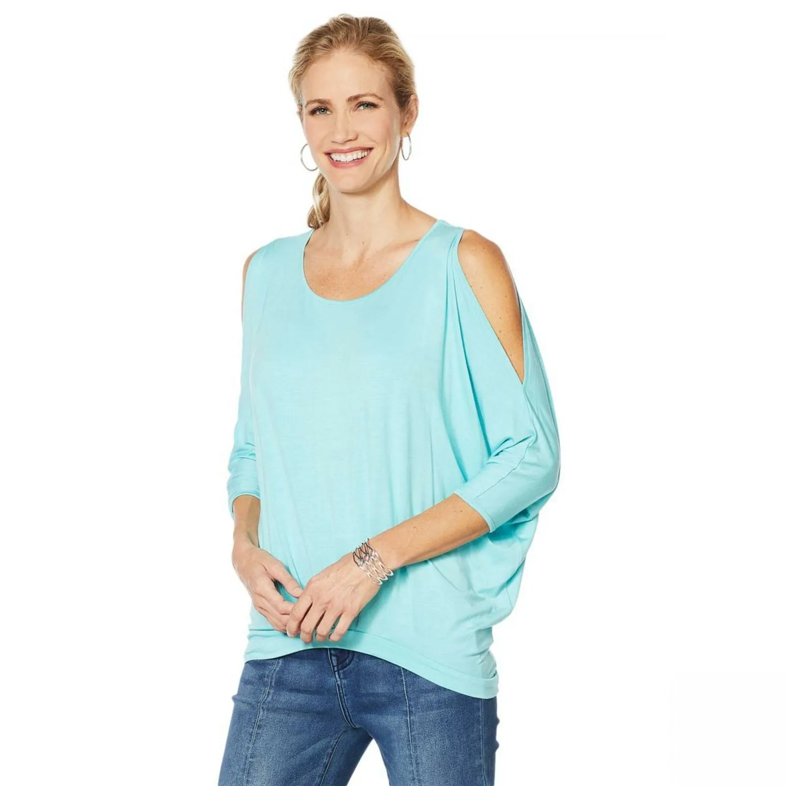 DG2 by Diane Gilman Women's Plus Size Pleat Front Cold Shoulder Dolman Top