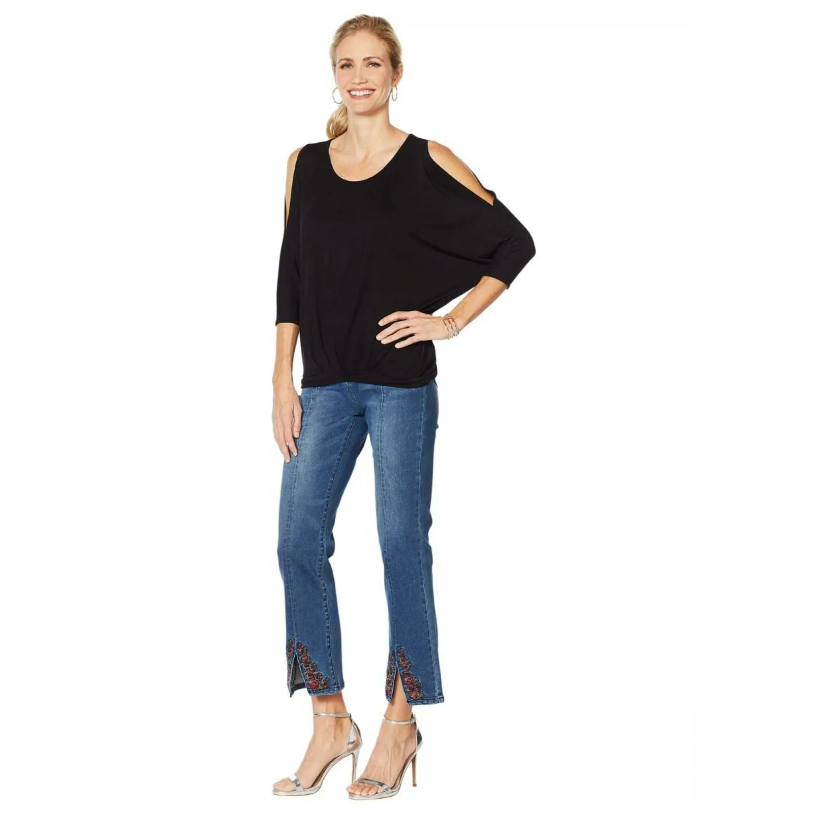 DG2 by Diane Gilman Women's Plus Size Pleat Front Cold Shoulder Dolman Top